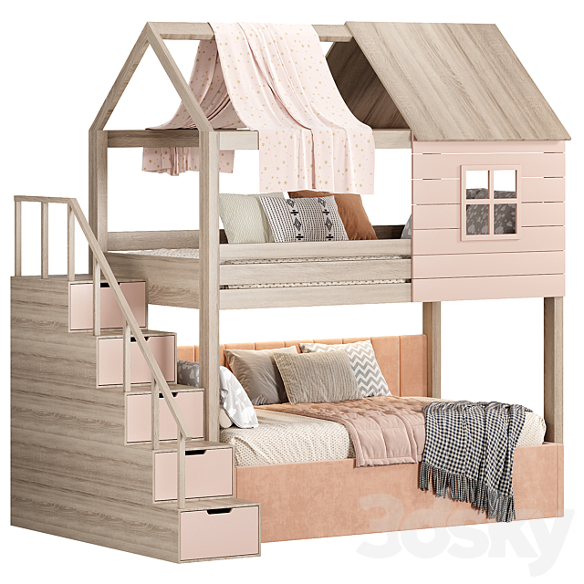 Solid wood bunk bed for children 3ds Max - thumbnail 2