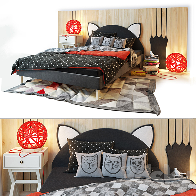 Bed and wooden panel. Kitten.LASKA Family 3ds Max - thumbnail 1