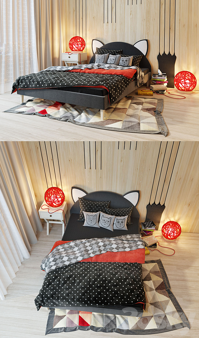 Bed and wooden panel. Kitten.LASKA Family 3ds Max - thumbnail 2