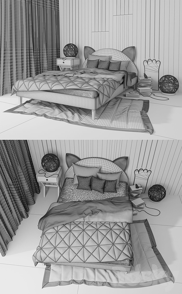 Bed and wooden panel. Kitten.LASKA Family 3ds Max - thumbnail 3