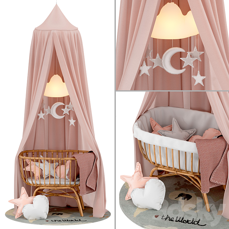 Childhome Rattan Cradle with Linen Canopy 3DS Max - thumbnail 1