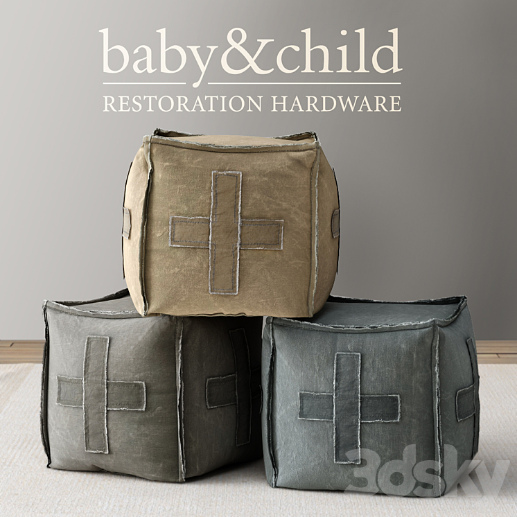 RH \/ DISTRESSED CANVAS SQUARE POUF 3DS Max - thumbnail 1