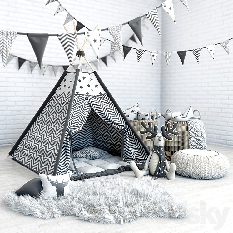 Wigwam with a mattress pillows fur skins baskets flags and deer 3DS Max - thumbnail 1