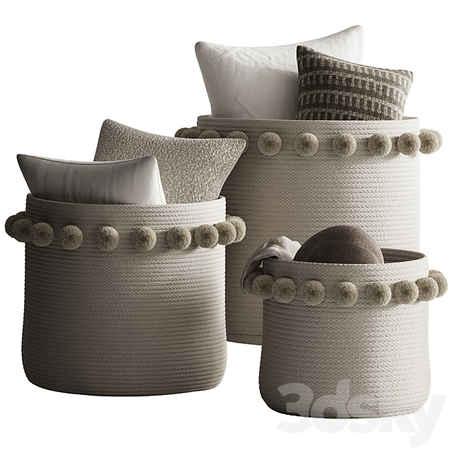 Basket with pompoms and pillows 3ds Max - thumbnail 1