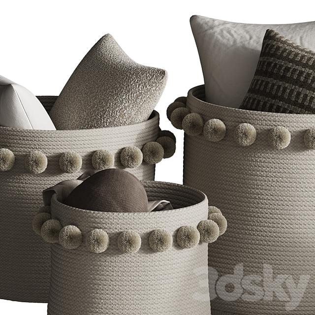 Basket with pompoms and pillows 3ds Max - thumbnail 3