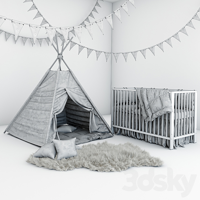 Set for baby boy – wigwam with mattress pillows fur coat and cot 3ds Max - thumbnail 2