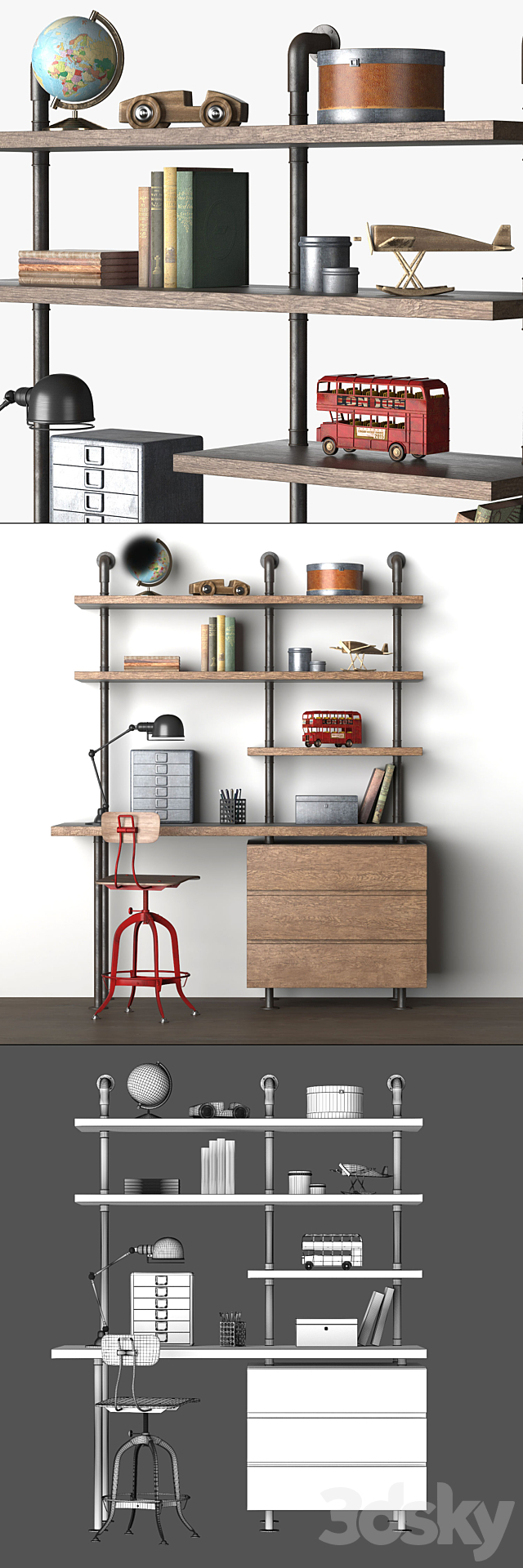 INDUSTRIAL PIPE SINGLE DESK & SHELVING WITH DRAWERS 3DS Max Model - thumbnail 2