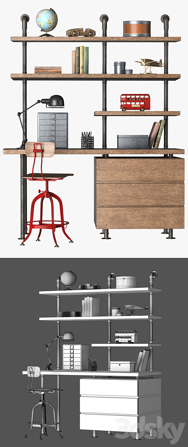 INDUSTRIAL PIPE SINGLE DESK & SHELVING WITH DRAWERS 3DS Max Model - thumbnail 3