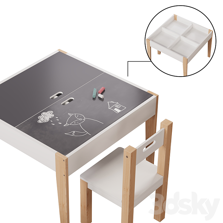 Slate Table Set with Storage and Chairs Belfy Kids 3DS Max Model - thumbnail 2