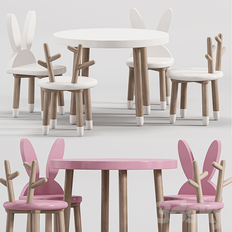 Wooden Table Chair Set for kids 2 3DS Max Model - thumbnail 1