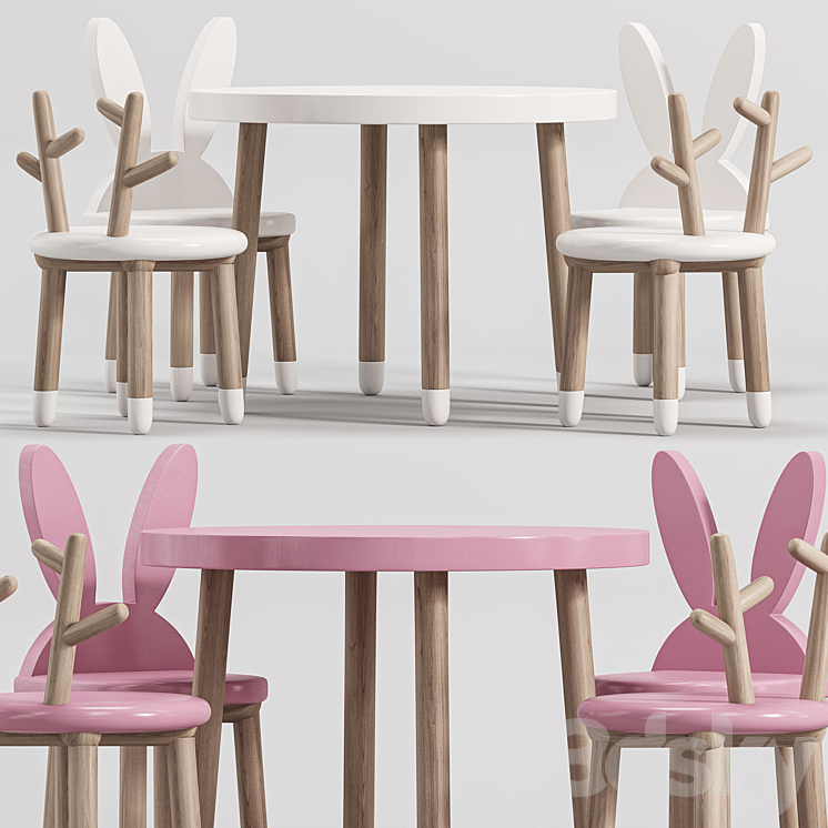 Wooden Table Chair Set for kids 2 3DS Max Model - thumbnail 2