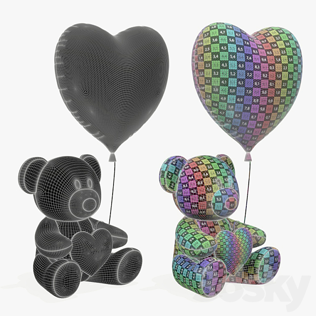 bear teddy plush toy with heart and balloon 3DS Max Model - thumbnail 3