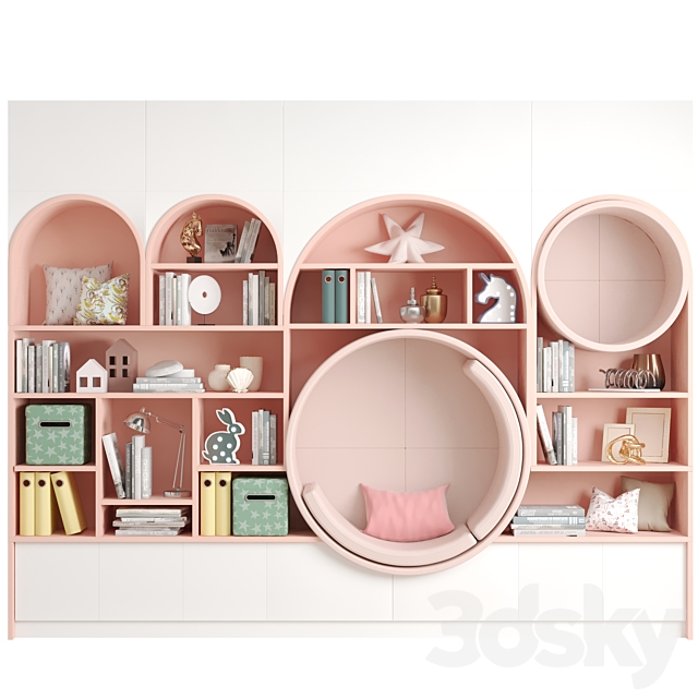 Children’s wall – wardrobe with decor and books 3ds Max - thumbnail 1