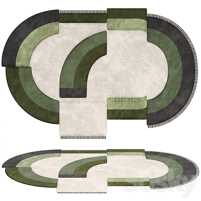 Carpet Contemporary Oval Rug with Geometric Pattern in Green Hues and Beige in Wool 3ds Max - thumbnail 1