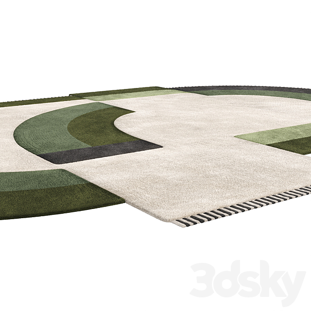 Carpet Contemporary Oval Rug with Geometric Pattern in Green Hues and Beige in Wool 3ds Max - thumbnail 2