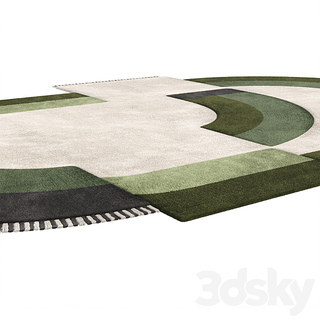 Carpet Contemporary Oval Rug with Geometric Pattern in Green Hues and Beige in Wool 3ds Max - thumbnail 3