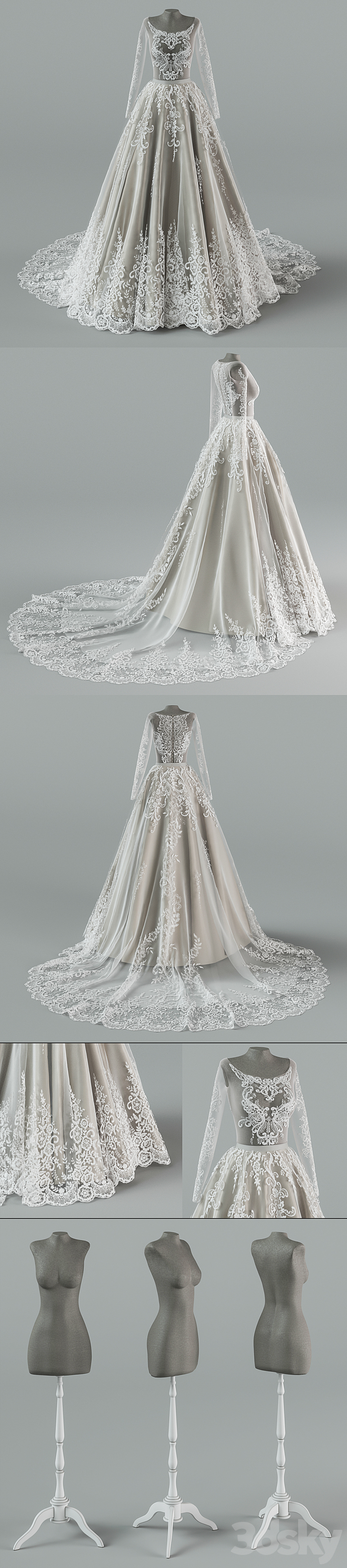 Wedding dress with train 3DS Max - thumbnail 2