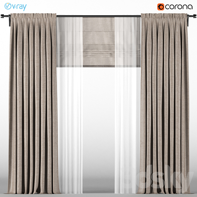 A series of brown curtains with white tulle + Roman blinds. 3DS Max Model - thumbnail 2