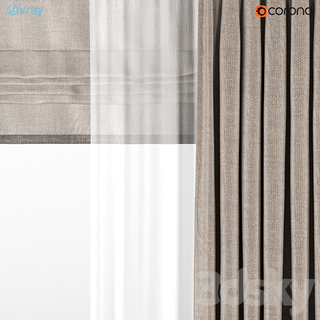 A series of brown curtains with white tulle + Roman blinds. 3DS Max Model - thumbnail 3