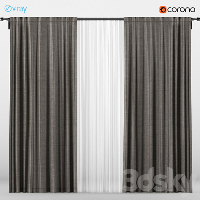 A series of five brown and gray curtains with white tulle. 3DS Max Model - thumbnail 2