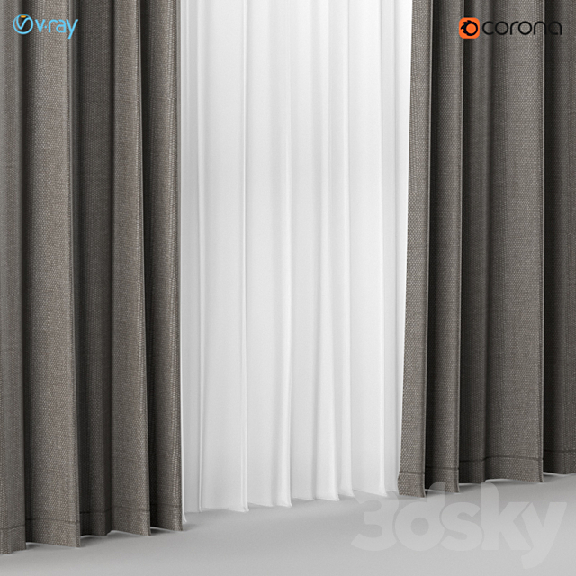 A series of five brown and gray curtains with white tulle. 3DS Max Model - thumbnail 3