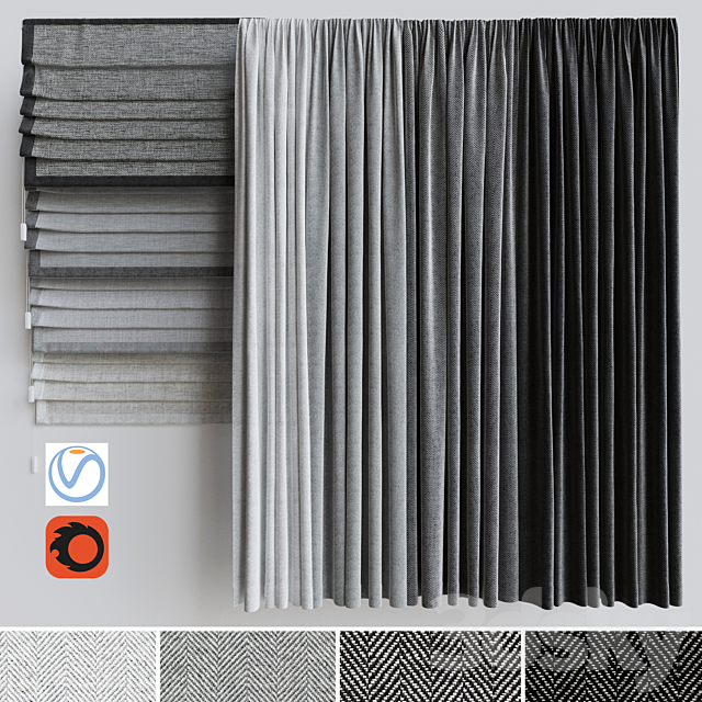 A set of curtains + a set of Roman curtains 1. Gray scale 3DSMax File - thumbnail 1