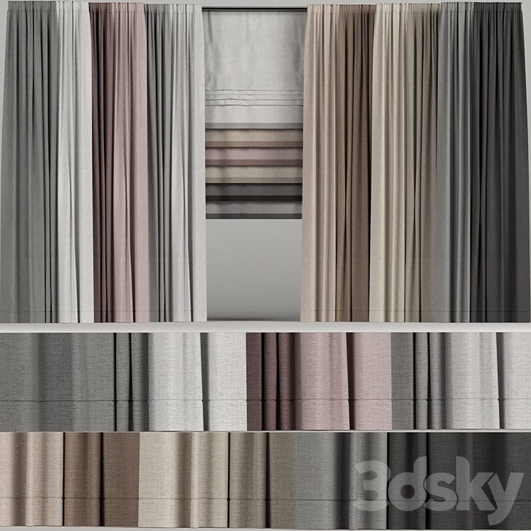 A set of curtains in different colors with a roman curtain. 3DS Max - thumbnail 1