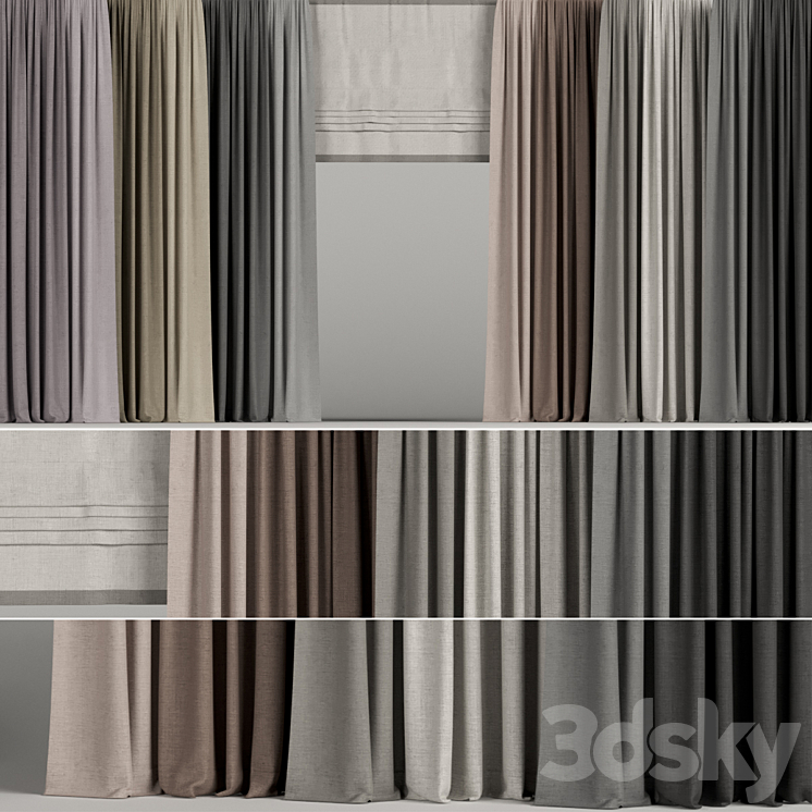 A set of curtains in different colors with a roman curtain. 3DS Max - thumbnail 1