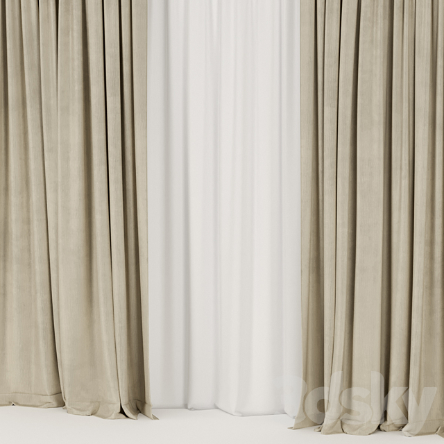 Beige curtains with tulle. 3DS Max Model - thumbnail 2