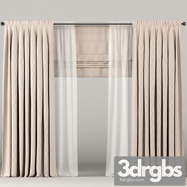 Beige curtains with tulle and roman blinds. 3dsmax Download - thumbnail 1