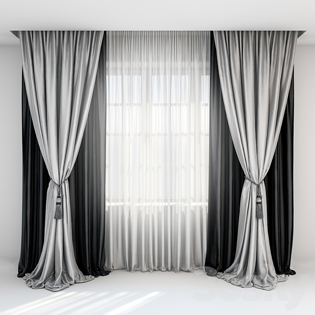 Black satin curtains with pick-up brush. gray curtains in the floor and tulle 3DSMax File - thumbnail 1