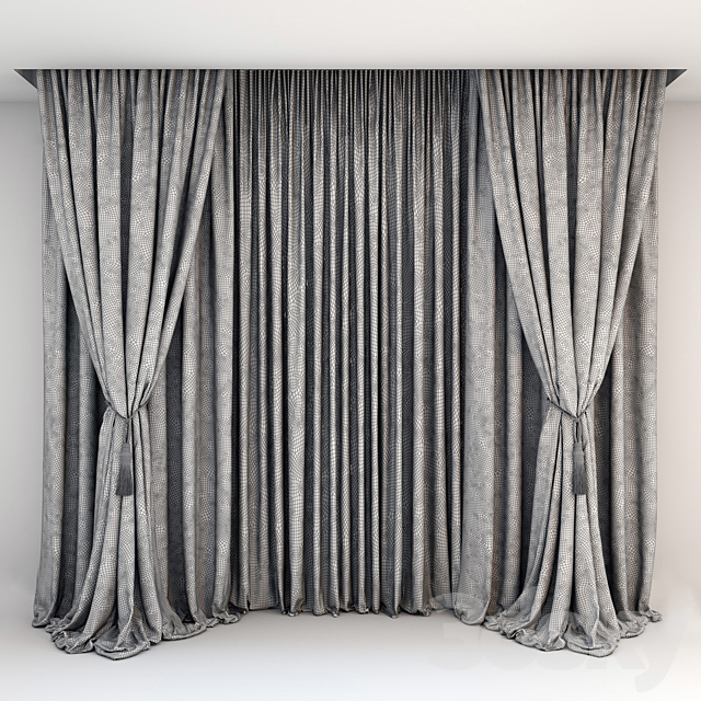 Black satin curtains with pick-up brush. gray curtains in the floor and tulle 3DSMax File - thumbnail 2