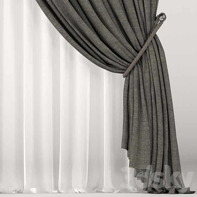 Brown curtains in the background with white tulle. 3DS Max Model - thumbnail 3