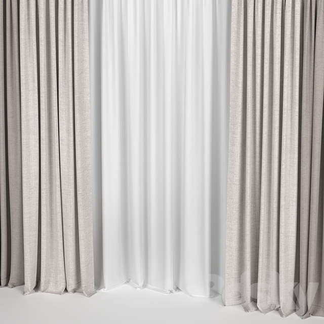 Brown curtains in two colors with tulle. 3DS Max Model - thumbnail 2