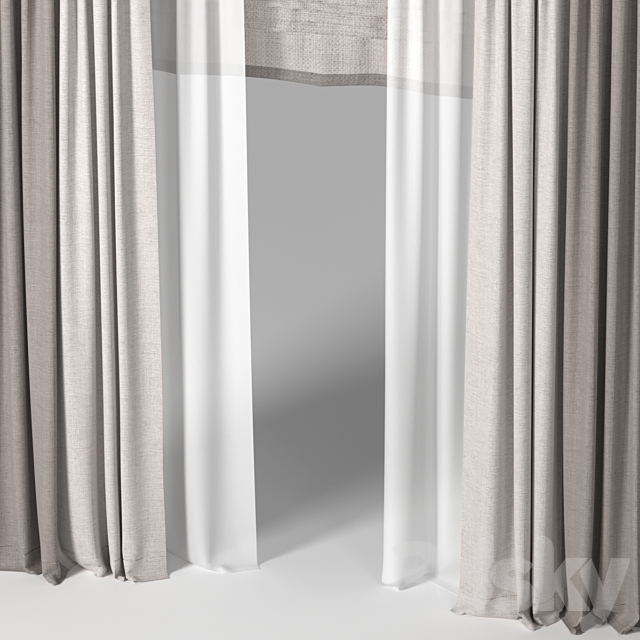 Brown curtains in two colors with tulle and Roman. 3DS Max Model - thumbnail 2