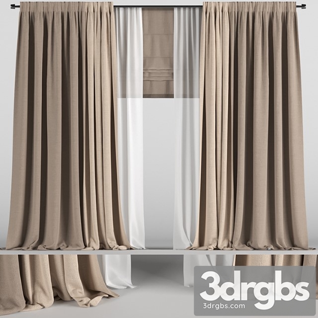 Brown curtains in two colors with tulle and roman blinds. 3dsmax Download - thumbnail 1