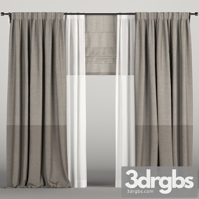 Brown curtains in two shades with roman blinds and tulle. 3dsmax Download - thumbnail 1