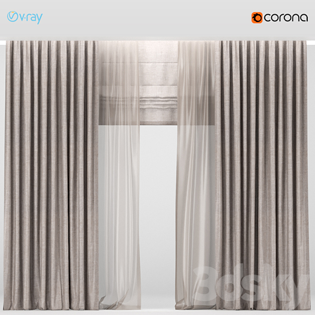 Brown curtains with brown tulle + Roman blinds. 3DS Max Model - thumbnail 1