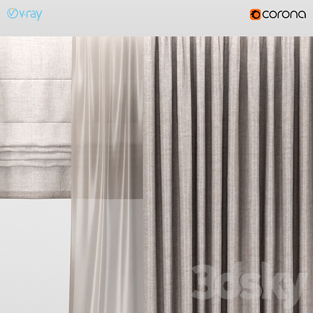 Brown curtains with brown tulle + Roman blinds. 3DS Max Model - thumbnail 2