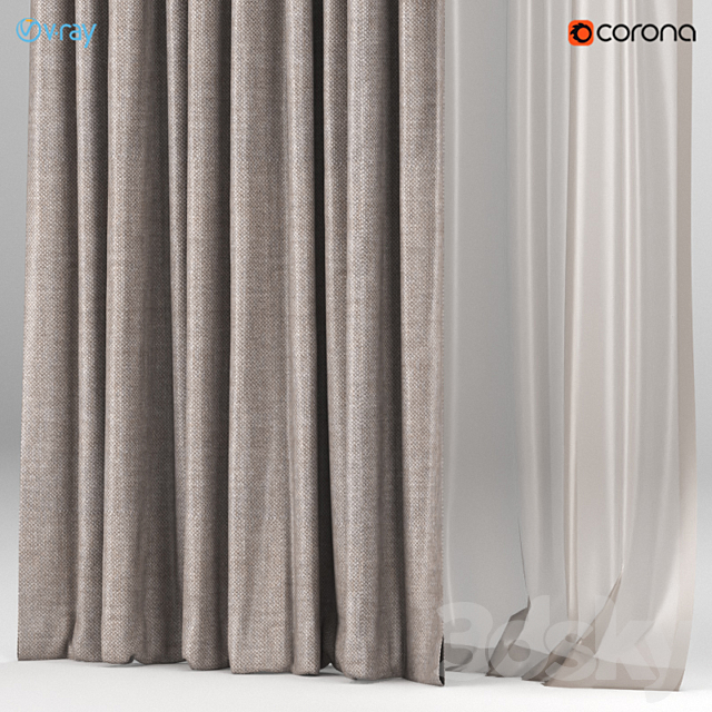 Brown curtains with brown tulle + Roman blinds. 3DS Max Model - thumbnail 3