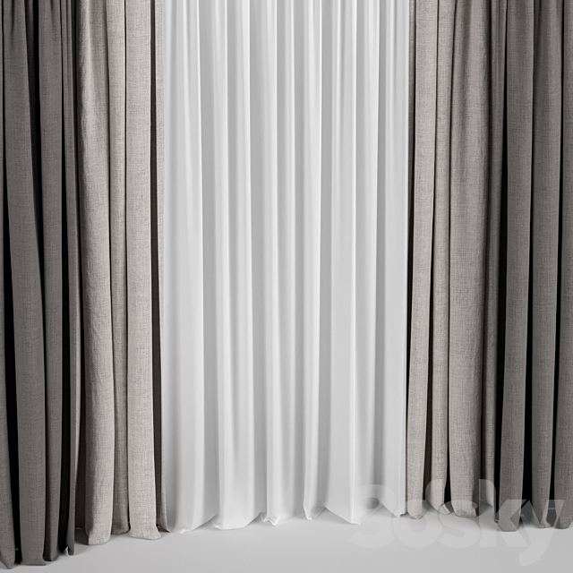 Brown curtains with tulle. 3DS Max Model - thumbnail 3