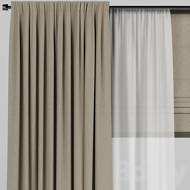 Brown curtains with tulle and roman. 3DS Max Model - thumbnail 2