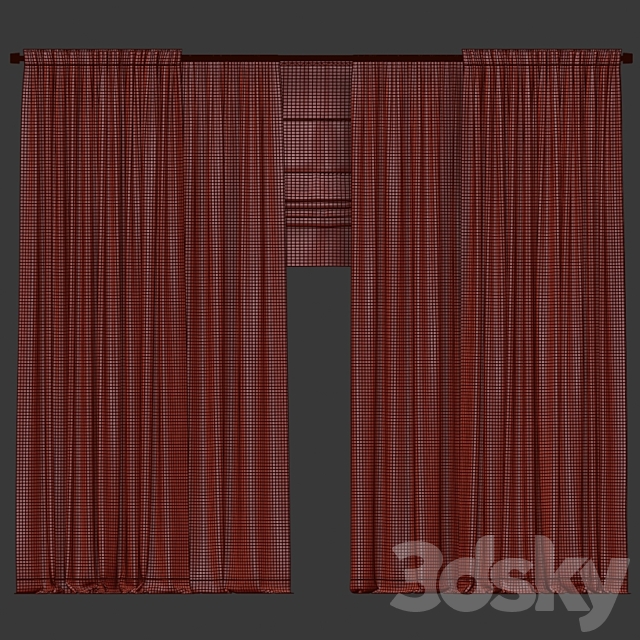 Brown curtains with tulle and roman. 3DS Max Model - thumbnail 3