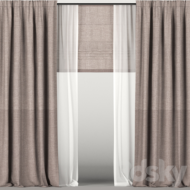 Brown curtains with tulle + Roman blinds. 3DSMax File - thumbnail 1