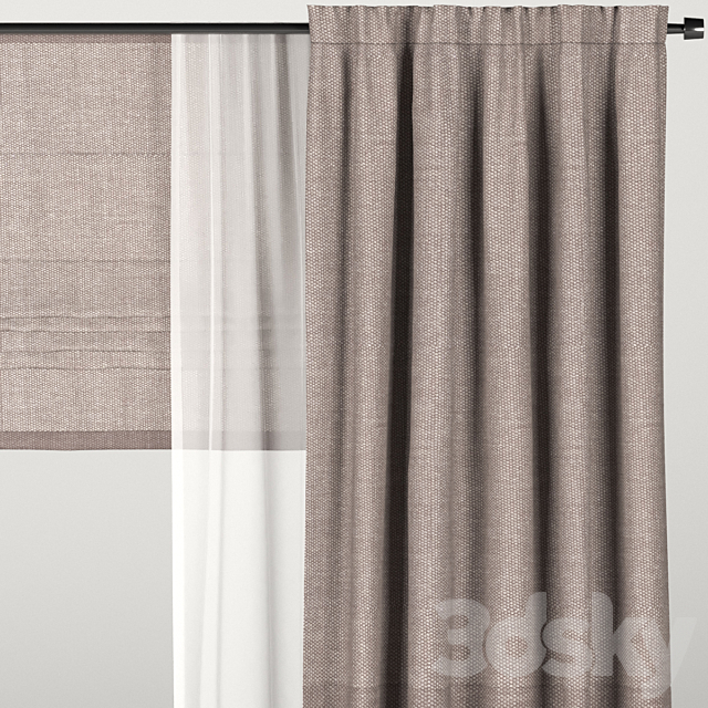 Brown curtains with tulle + Roman blinds. 3DSMax File - thumbnail 2