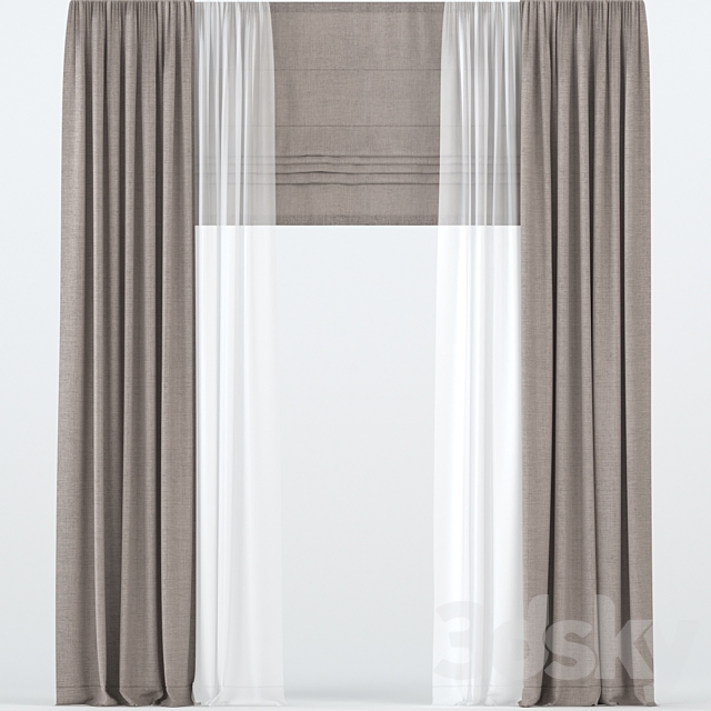 Brown straight curtains with tulle and roman. 3ds Max - thumbnail 1