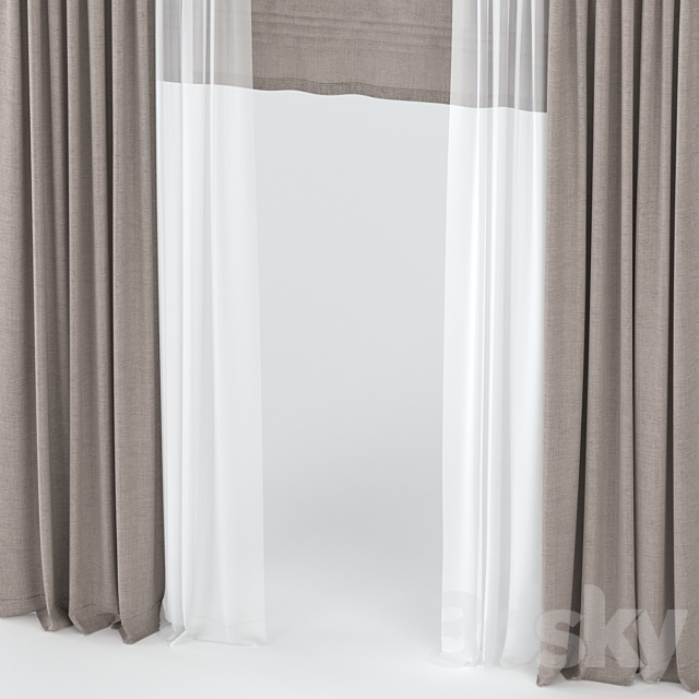 Brown straight curtains with tulle and roman. 3ds Max - thumbnail 2