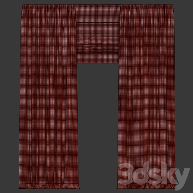 Brown straight curtains with tulle and roman. 3ds Max - thumbnail 3