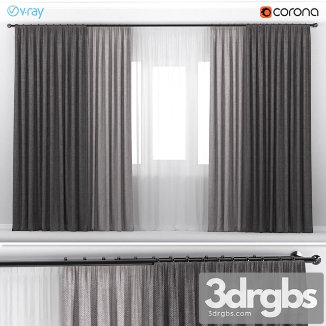 Brown thick wide curtains in two colors with white tulle. 3dsmax Download - thumbnail 1