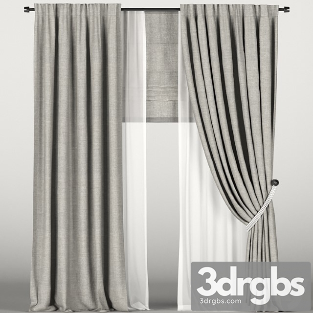 Brown Tied Curtains With Tulle and Roman Shades 3dsmax Download - thumbnail 1